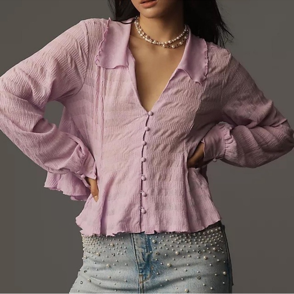 Anthropologie Peasant Blouse Lavender Textured Button Front Long Sleeve Size M